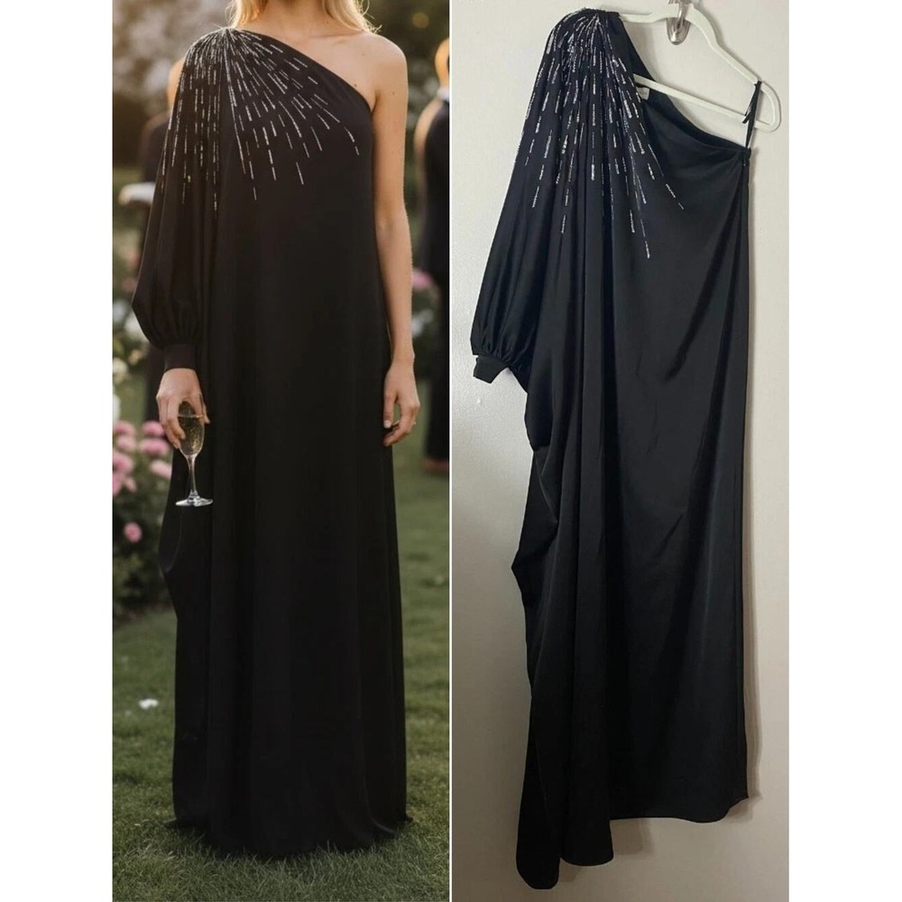 Halston Cape Dress 4 Black Sequin Beaded Embellished Mother of the Bride Formal